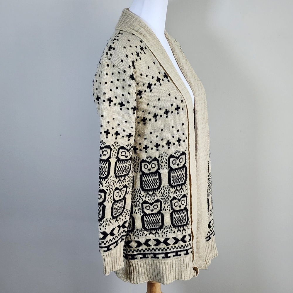 Owl Pattern Cardigan Womens Medium Beige Black Knit Open Front Sweater Nature